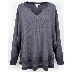 Urban Daizy V Neck Long Sleeve Waffle Knit Gray Oversized Shirt Top Size S